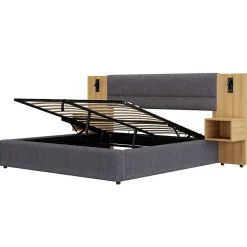 Okwish Lit coffre 180x200 cm double capitonné avec grandes oreilles, 2 tables de nuit, coffre de rangement, velours gris, sans matelas* Lit Coffre