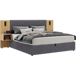 Okwish Lit coffre 180x200 cm double capitonné avec grandes oreilles, 2 tables de nuit, coffre de rangement, velours gris, sans matelas* Lit Coffre