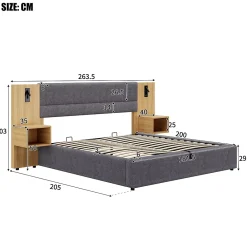 Okwish Lit coffre 180x200 cm double capitonné avec grandes oreilles, 2 tables de nuit, coffre de rangement, velours gris, sans matelas* Lit Coffre