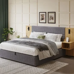 Okwish Lit coffre 180x200 cm double capitonné avec grandes oreilles, 2 tables de nuit, coffre de rangement, velours gris, sans matelas* Lit Coffre