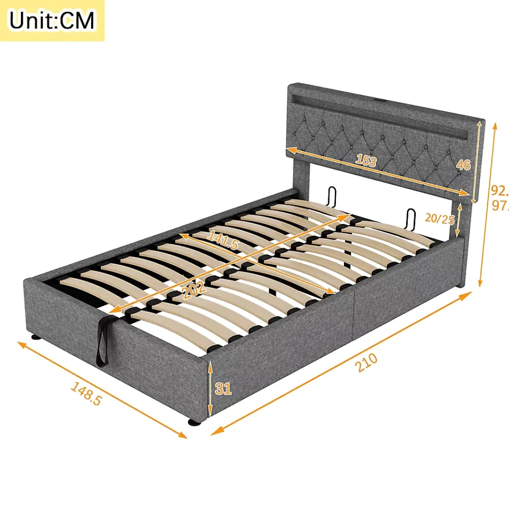 Okwish Lit coffre 140x200 cm double capitonné avec LED télécommande et ports USB-C, structure lin MDF gris, sans matelas* Lit Coffre