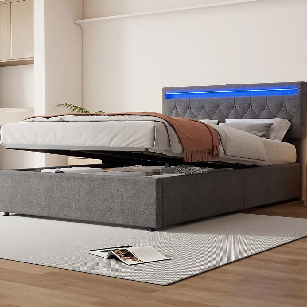 Okwish Lit coffre 140x200 cm double capitonné avec LED télécommande et ports USB-C, structure lin MDF gris, sans matelas* Lit Coffre