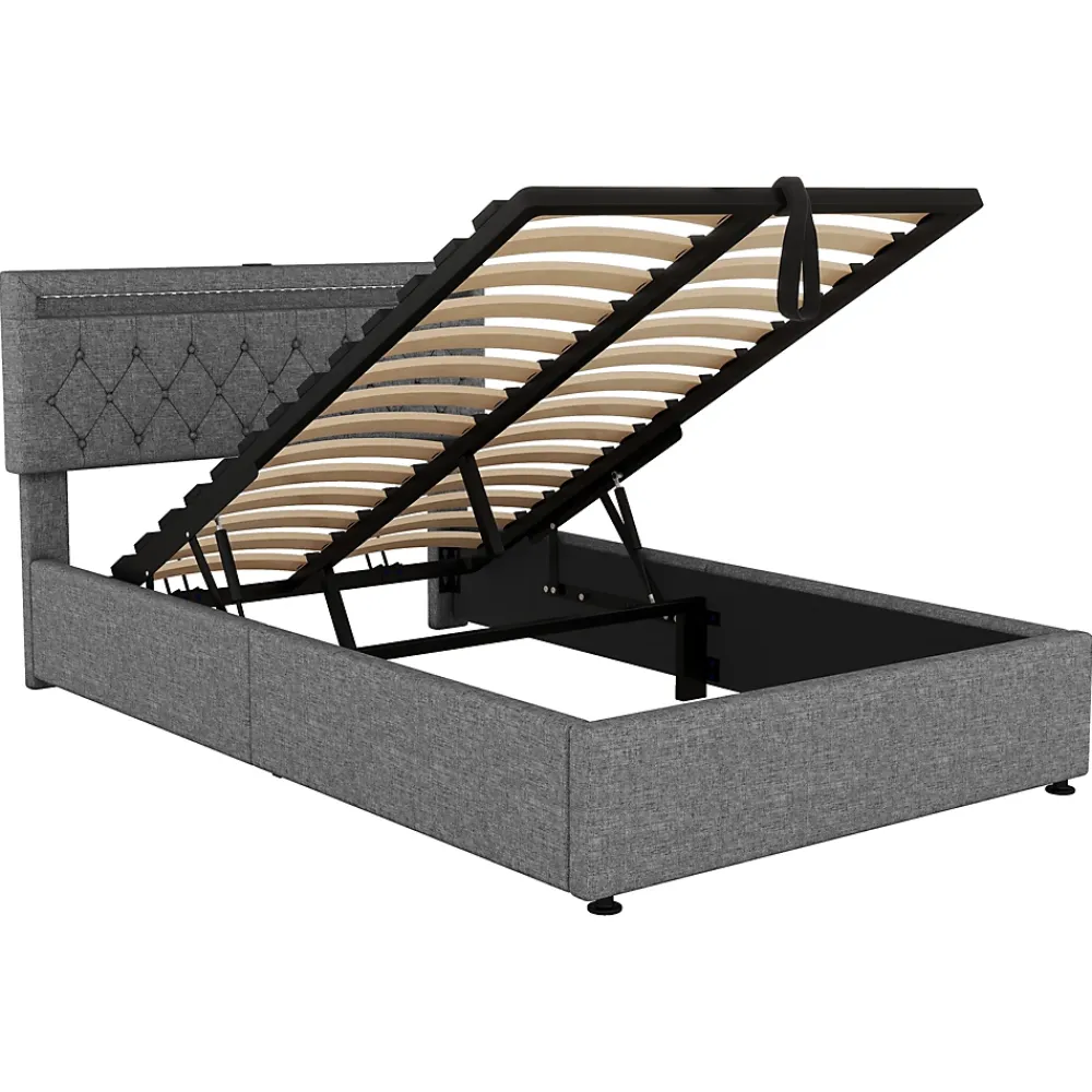 Okwish Lit coffre 140x200 cm double capitonné avec LED télécommande et ports USB-C, structure lin MDF gris, sans matelas* Lit Coffre