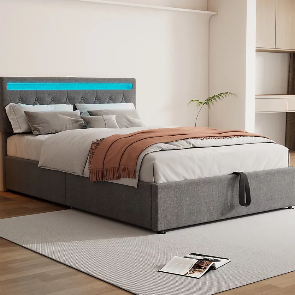 Okwish Lit coffre 140x200 cm double capitonné avec LED télécommande et ports USB-C, structure lin MDF gris, sans matelas* Lit Coffre