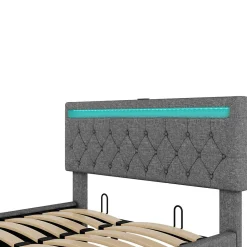 Okwish Lit coffre 140x200 cm double capitonné avec LED télécommande et ports USB-C, structure lin MDF gris, sans matelas* Lit Coffre