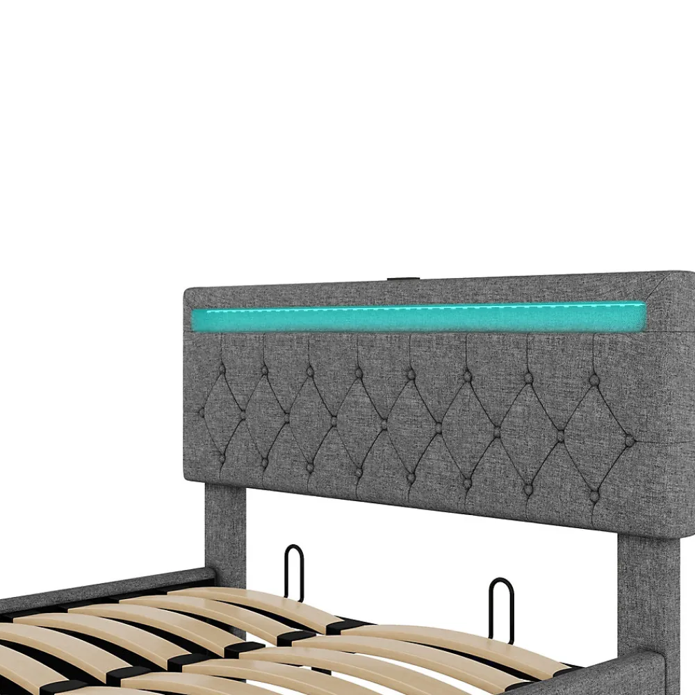 Okwish Lit coffre 140x200 cm double capitonné avec LED télécommande et ports USB-C, structure lin MDF gris, sans matelas* Lit Coffre