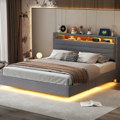 Lit Coffre 160x200 cm, Double Rembourré en Tissu Lin avec LED et Port USB, Coffre de Rangement Hydraulique - Gris - Sans Matelas>Okwish