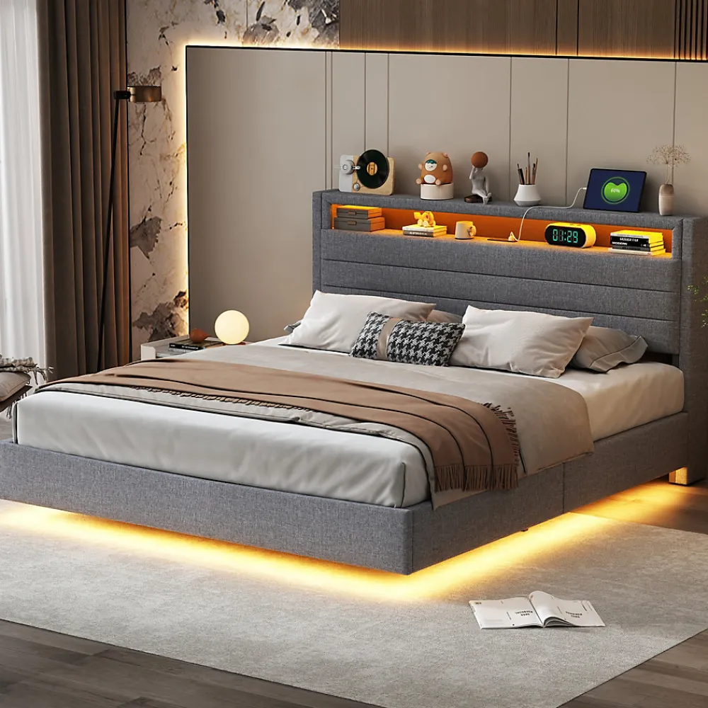 Lit Coffre 160x200 cm, Double Rembourré en Tissu Lin avec LED et Port USB, Coffre de Rangement Hydraulique - Gris - Sans Matelas>Okwish