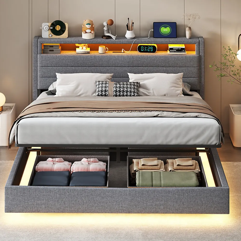 Lit Coffre 160x200 cm, Double Rembourré en Tissu Lin avec LED et Port USB, Coffre de Rangement Hydraulique - Gris - Sans Matelas>Okwish