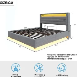 Lit Coffre 160x200 cm, Double Rembourré en Tissu Lin avec LED et Port USB, Coffre de Rangement Hydraulique - Gris - Sans Matelas><noscript><img width=