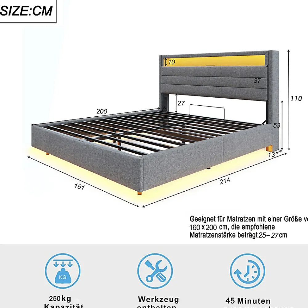 Lit Coffre 160x200 cm, Double Rembourré en Tissu Lin avec LED et Port USB, Coffre de Rangement Hydraulique - Gris - Sans Matelas>Okwish