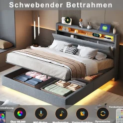 Lit Coffre 160x200 cm, Double Rembourré en Tissu Lin avec LED et Port USB, Coffre de Rangement Hydraulique - Gris - Sans Matelas><noscript><img width=