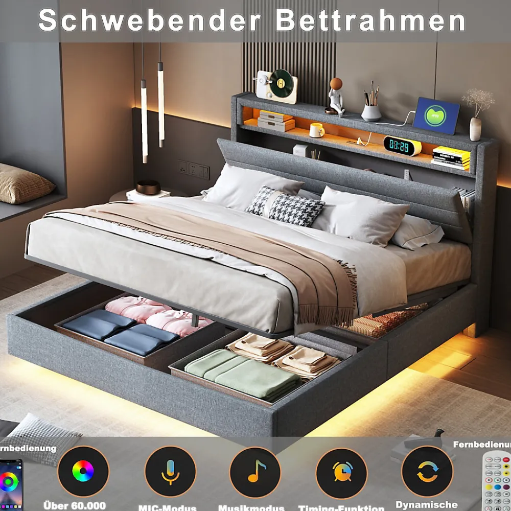 Lit Coffre 160x200 cm, Double Rembourré en Tissu Lin avec LED et Port USB, Coffre de Rangement Hydraulique - Gris - Sans Matelas>Okwish