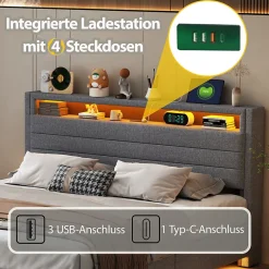 Lit Coffre 160x200 cm, Double Rembourré en Tissu Lin avec LED et Port USB, Coffre de Rangement Hydraulique - Gris - Sans Matelas><noscript><img width=