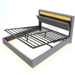 Lit Coffre 160x200 cm, Double Rembourré en Tissu Lin avec LED et Port USB, Coffre de Rangement Hydraulique - Gris - Sans Matelas><noscript><img width=