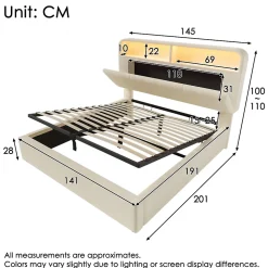 Okwish Lit coffre 140x190 cm double rembourré avec tête de lit réglable, LED intégrée, charge USB/Type-C, velours beige - Sans matelas* Lit Coffre