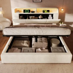 Okwish Lit coffre 140x190 cm double rembourré avec tête de lit réglable, LED intégrée, charge USB/Type-C, velours beige - Sans matelas* Lit Coffre