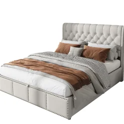 Redom Lit coffre 160x200 cm en lin-coton, tête 102,5 cm, clous décoratifs, rangement intégré, sans matelas, gris* Lit Avec Rangement