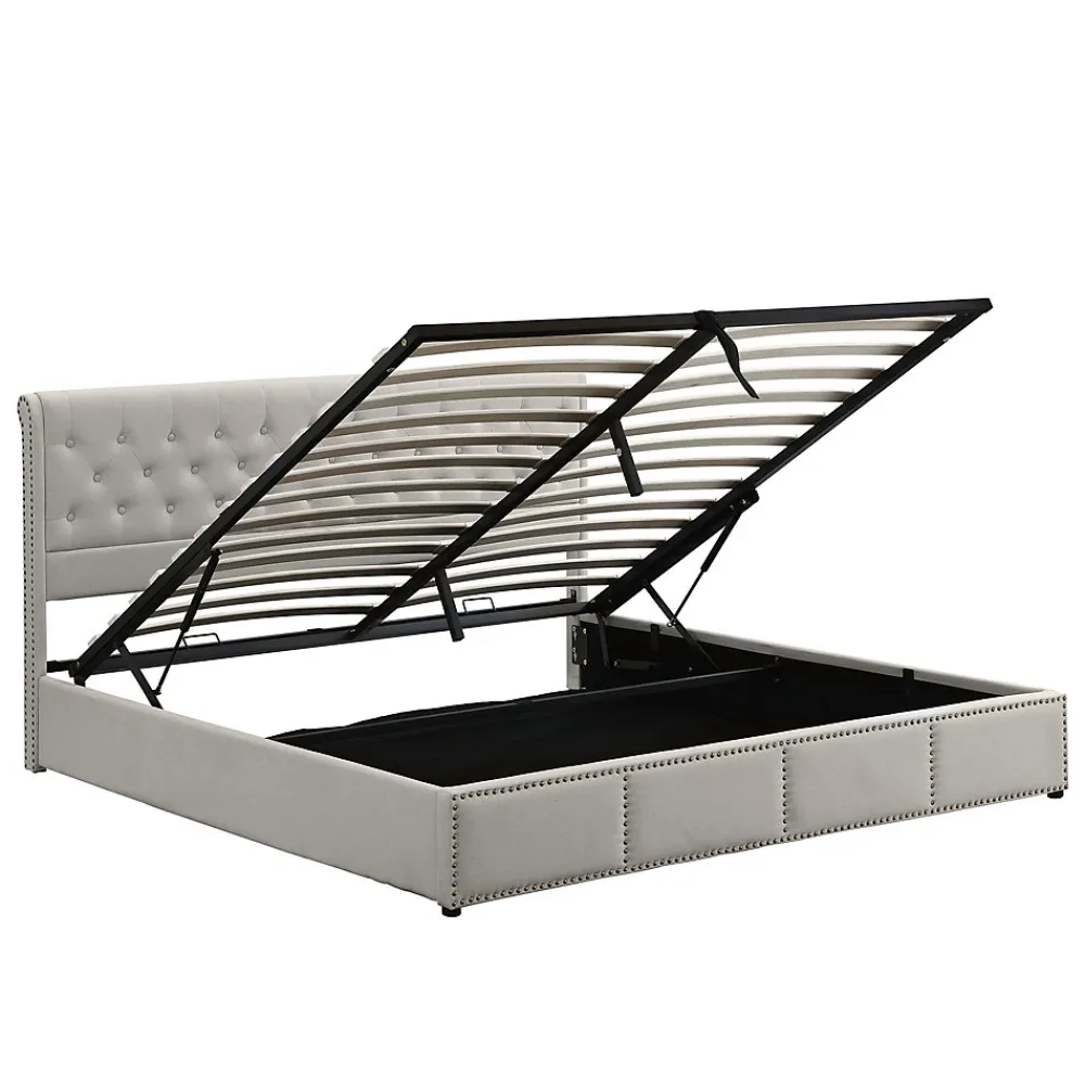 Redom Lit coffre 160x200 cm en lin-coton, tête 102,5 cm, clous décoratifs, rangement intégré, sans matelas, gris* Lit Avec Rangement