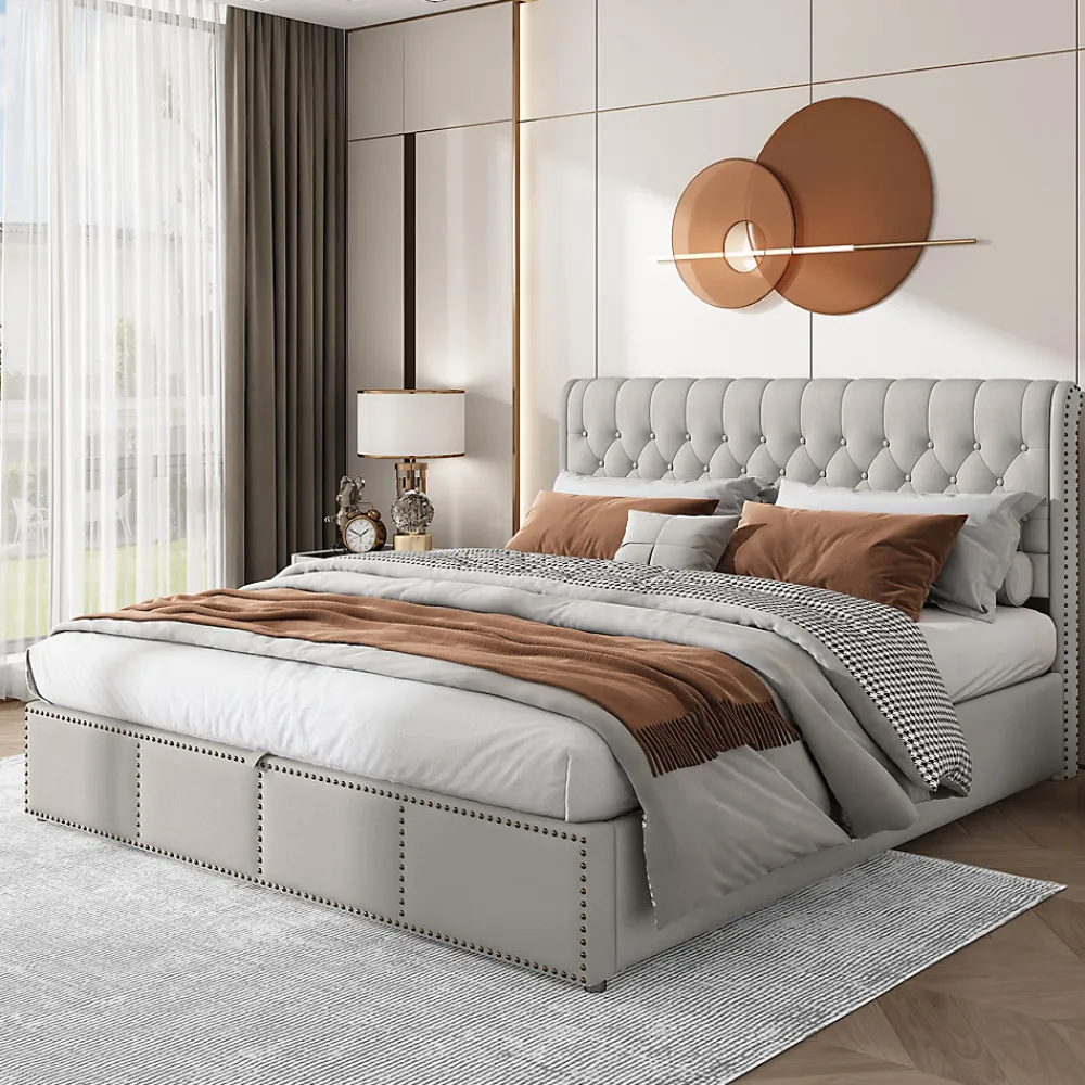 Redom Lit coffre 160x200 cm en lin-coton, tête 102,5 cm, clous décoratifs, rangement intégré, sans matelas, gris* Lit Avec Rangement