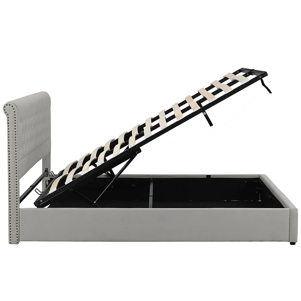 Redom Lit coffre 160x200 cm en lin-coton, tête 102,5 cm, clous décoratifs, rangement intégré, sans matelas, gris* Lit Avec Rangement
