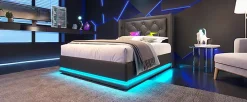 Redom Lit coffre 90x200 cm en PU noir tête capitonnée, rangement hydraulique, LED 3 côtés et port USB-C* Lit Avec Rangement