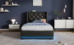 Redom Lit coffre 90x200 cm en PU noir tête capitonnée, rangement hydraulique, LED 3 côtés et port USB-C* Lit Avec Rangement
