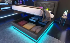 Redom Lit coffre 90x200 cm en PU noir tête capitonnée, rangement hydraulique, LED 3 côtés et port USB-C* Lit Avec Rangement