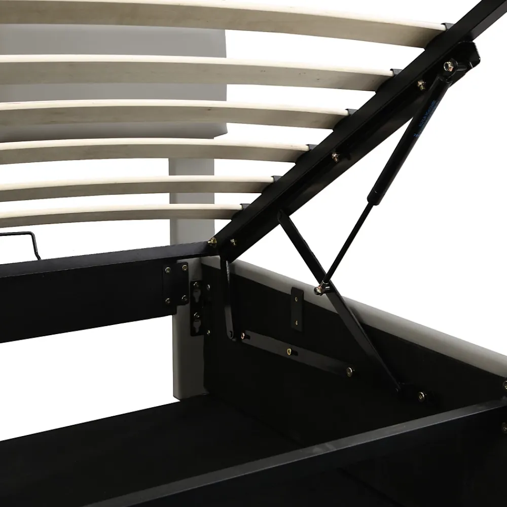 ProximaX Lit coffre 180x200 cm en simili cuir PU gris clair, LED, capitonné, relevable hydraulique avec sommier à lattes et tête de lit* Lit Coffre