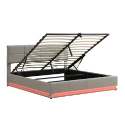 ProximaX Lit coffre 180x200 cm en simili cuir PU gris clair, LED, capitonné, relevable hydraulique avec sommier à lattes et tête de lit* Lit Coffre