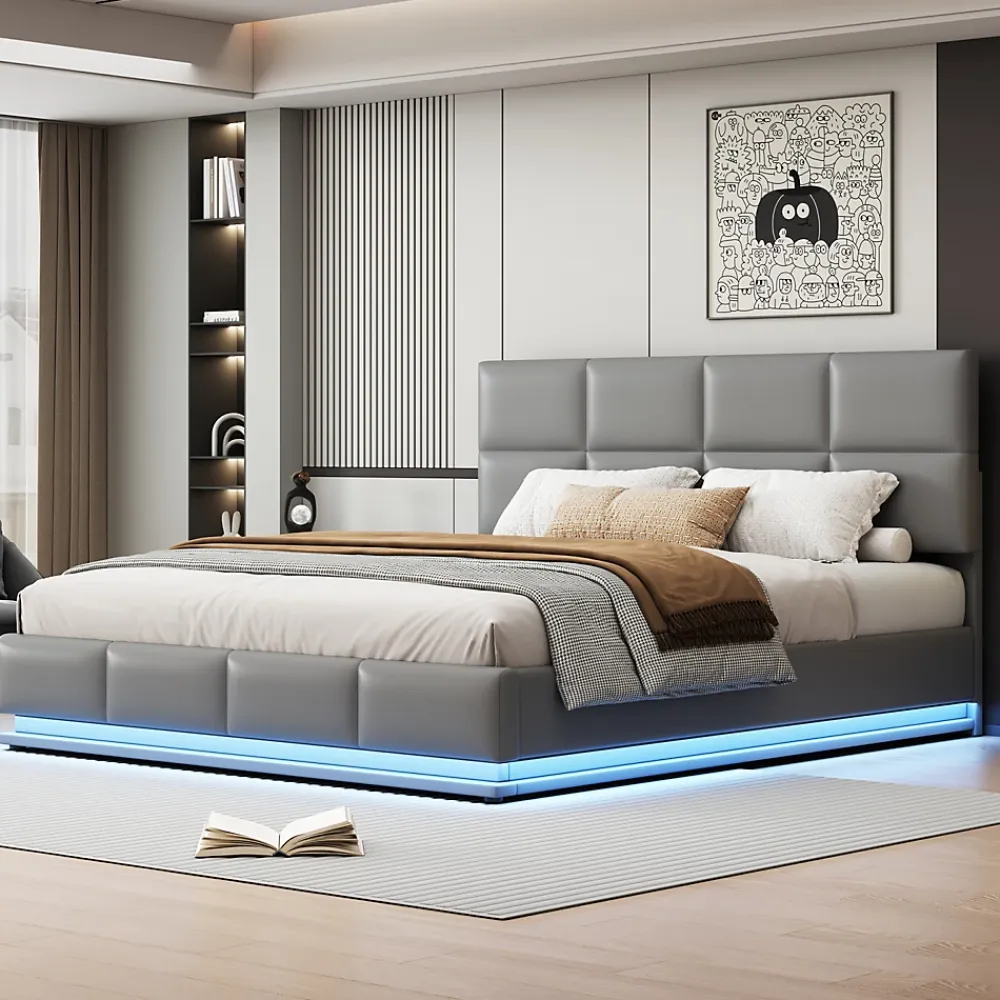 ProximaX Lit coffre 180x200 cm en simili cuir PU gris clair, LED, capitonné, relevable hydraulique avec sommier à lattes et tête de lit* Lit Coffre
