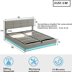 ProximaX Lit coffre 180x200 cm en simili cuir PU gris clair, LED, capitonné, relevable hydraulique avec sommier à lattes et tête de lit* Lit Coffre