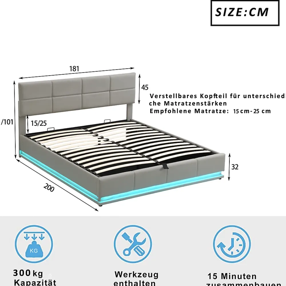 ProximaX Lit coffre 180x200 cm en simili cuir PU gris clair, LED, capitonné, relevable hydraulique avec sommier à lattes et tête de lit* Lit Coffre