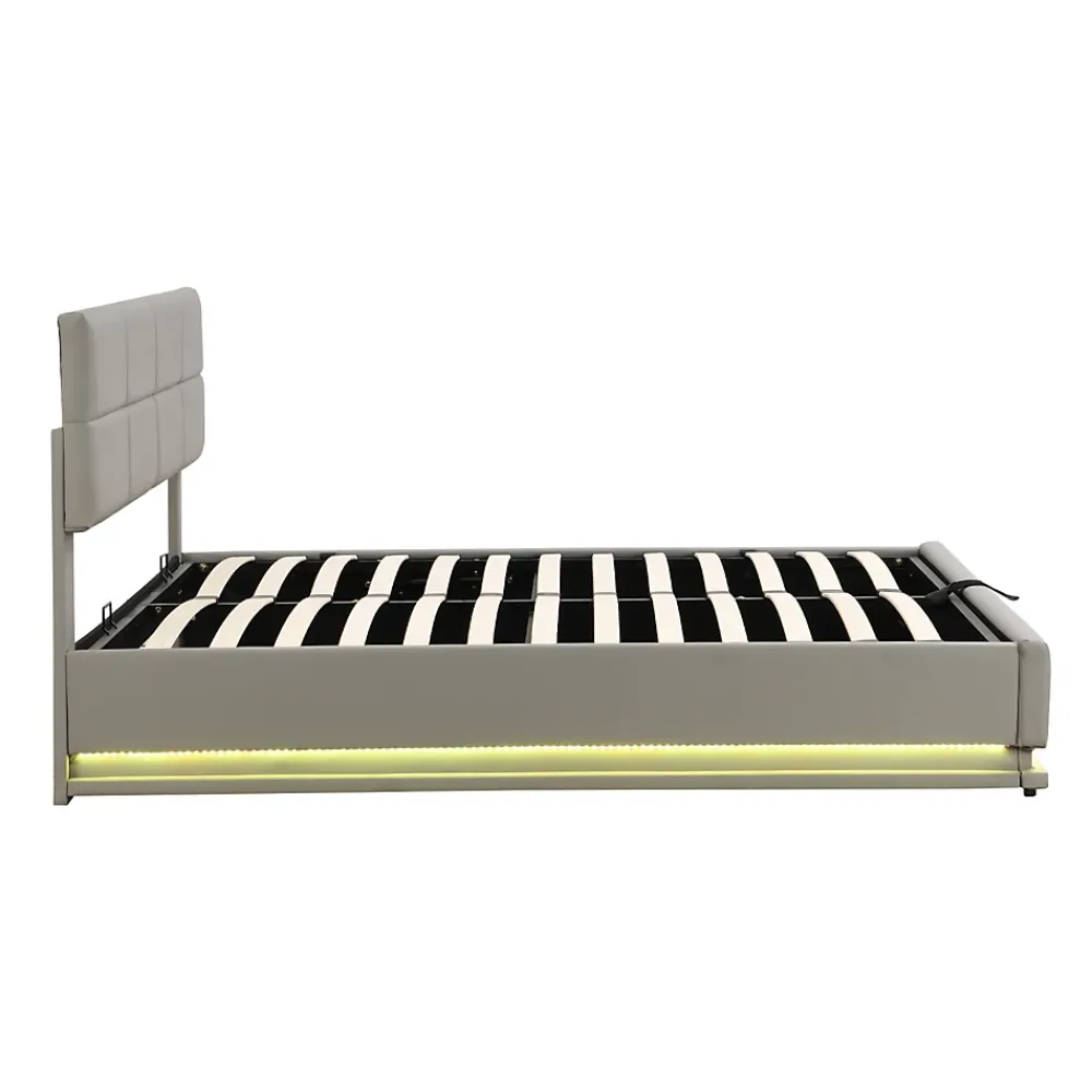 ProximaX Lit coffre 180x200 cm en simili cuir PU gris clair, LED, capitonné, relevable hydraulique avec sommier à lattes et tête de lit* Lit Coffre