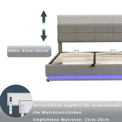 ProximaX Lit coffre 180x200 cm en simili cuir PU gris clair, LED, capitonné, relevable hydraulique avec sommier à lattes et tête de lit* Lit Coffre