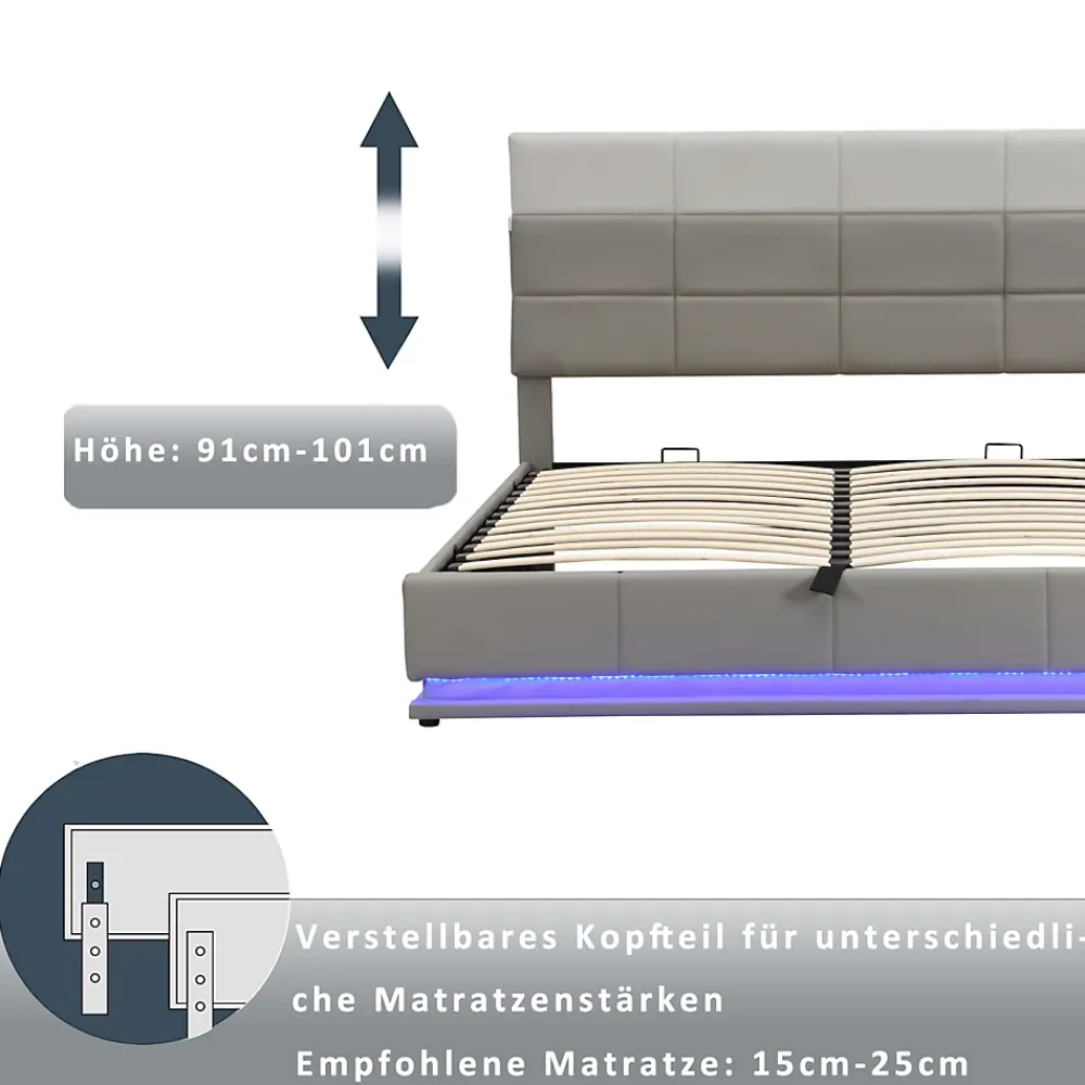 ProximaX Lit coffre 180x200 cm en simili cuir PU gris clair, LED, capitonné, relevable hydraulique avec sommier à lattes et tête de lit* Lit Coffre