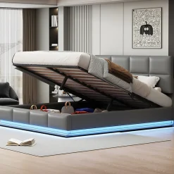 ProximaX Lit coffre 180x200 cm en simili cuir PU gris clair, LED, capitonné, relevable hydraulique avec sommier à lattes et tête de lit* Lit Coffre