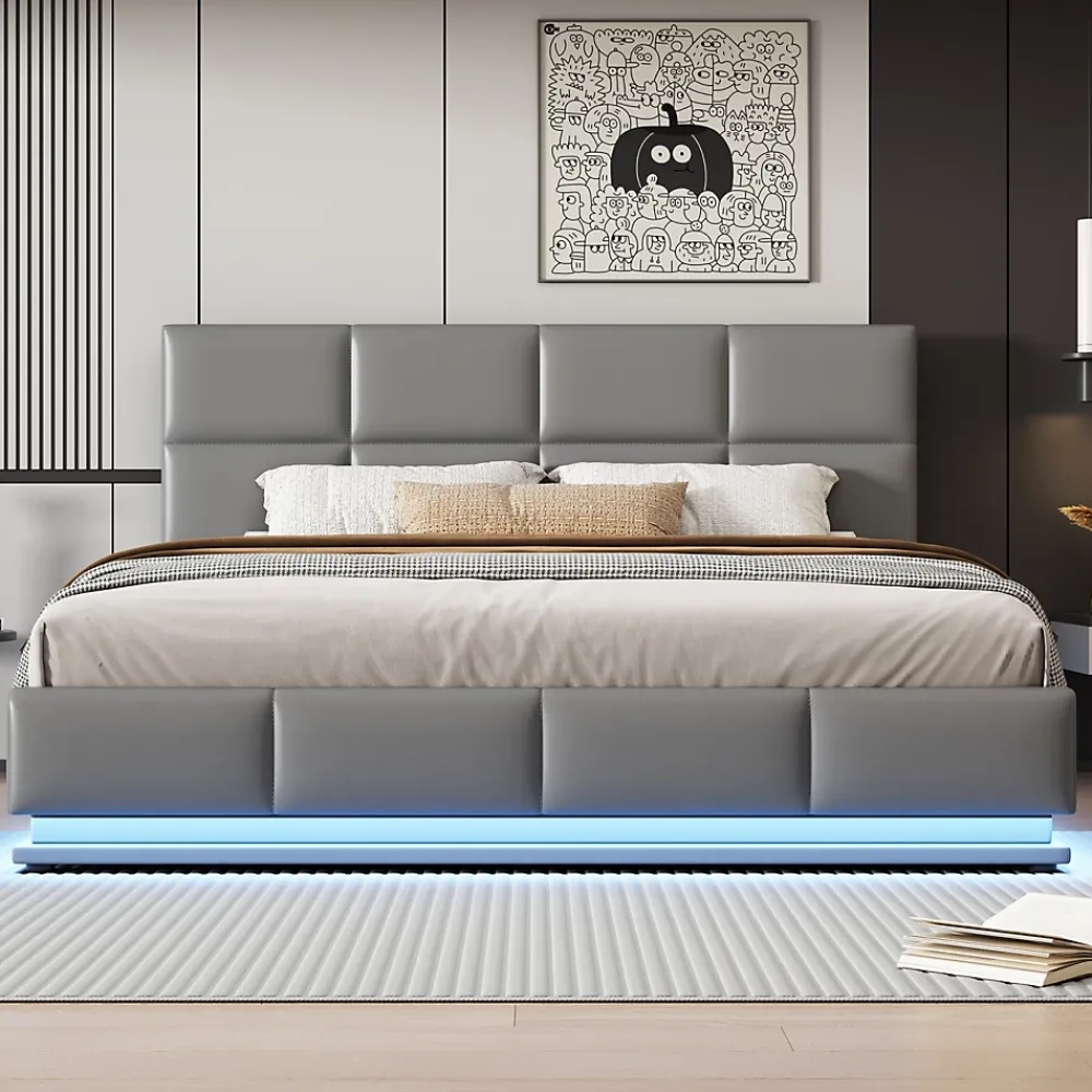 ProximaX Lit coffre 180x200 cm en simili cuir PU gris clair, LED, capitonné, relevable hydraulique avec sommier à lattes et tête de lit* Lit Coffre