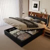 ProximaX Lit coffre 160x200 cm en simili cuir noir et chêne clair, tête de lit avec rangements, prises USB et bandes LED* Lit Coffre