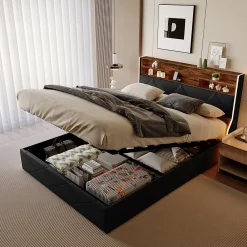 ProximaX Lit coffre 160x200 cm en simili cuir noir et chêne clair, tête de lit avec rangements, prises USB et bandes LED* Lit Coffre