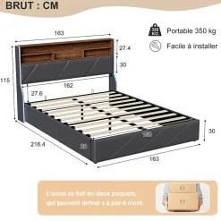 ProximaX Lit coffre 160x200 cm en simili cuir noir et chêne clair, tête de lit avec rangements, prises USB et bandes LED* Lit Coffre