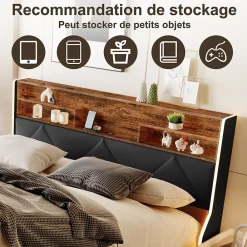ProximaX Lit coffre 160x200 cm en simili cuir noir et chêne clair, tête de lit avec rangements, prises USB et bandes LED* Lit Coffre