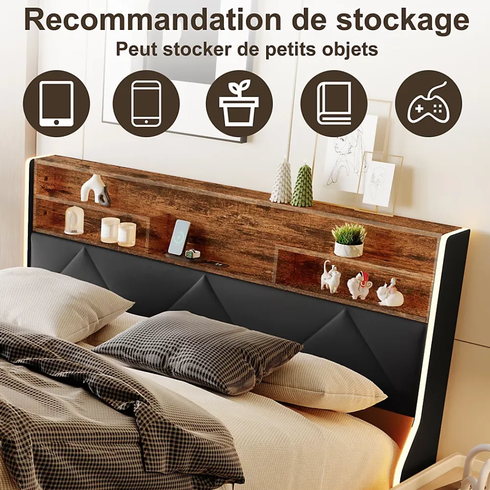 ProximaX Lit coffre 160x200 cm en simili cuir noir et chêne clair, tête de lit avec rangements, prises USB et bandes LED* Lit Coffre