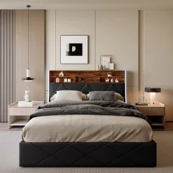 ProximaX Lit coffre 160x200 cm en simili cuir noir et chêne clair, tête de lit avec rangements, prises USB et bandes LED* Lit Coffre
