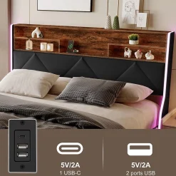 ProximaX Lit coffre 160x200 cm en simili cuir noir et chêne clair, tête de lit avec rangements, prises USB et bandes LED* Lit Coffre