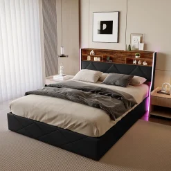 ProximaX Lit coffre 160x200 cm en simili cuir noir et chêne clair, tête de lit avec rangements, prises USB et bandes LED* Lit Coffre