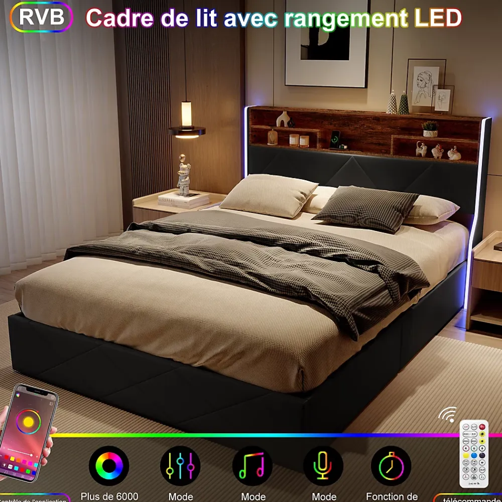 ProximaX Lit coffre 160x200 cm en simili cuir noir et chêne clair, tête de lit avec rangements, prises USB et bandes LED* Lit Coffre