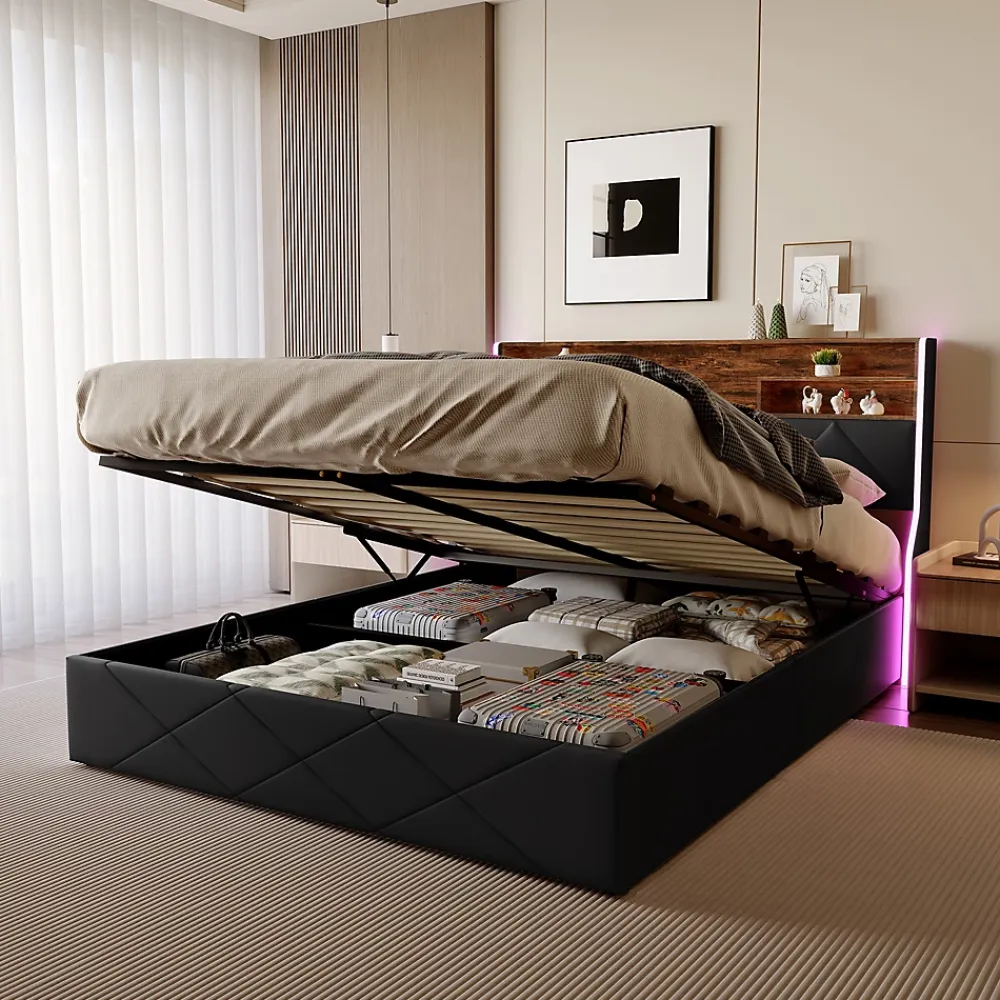 ProximaX Lit coffre 160x200 cm en simili cuir noir et chêne clair, tête de lit avec rangements, prises USB et bandes LED* Lit Coffre