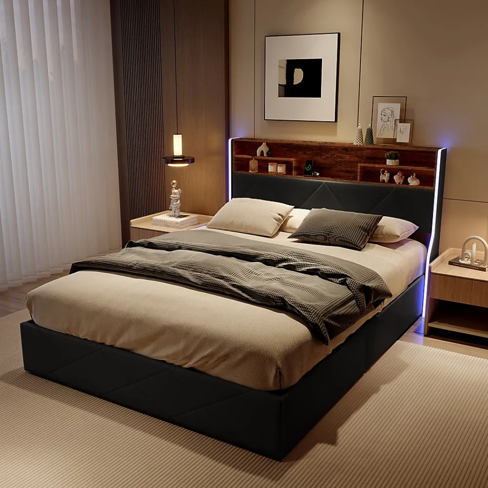 ProximaX Lit coffre 160x200 cm en simili cuir noir et chêne clair, tête de lit avec rangements, prises USB et bandes LED* Lit Coffre