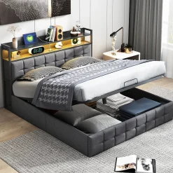 ProximaX Lit coffre 140x190 cm en similicuir avec LED RGB, tête de lit avec prises USB/Type-C et rangements intégrés, Gris* Lit Coffre